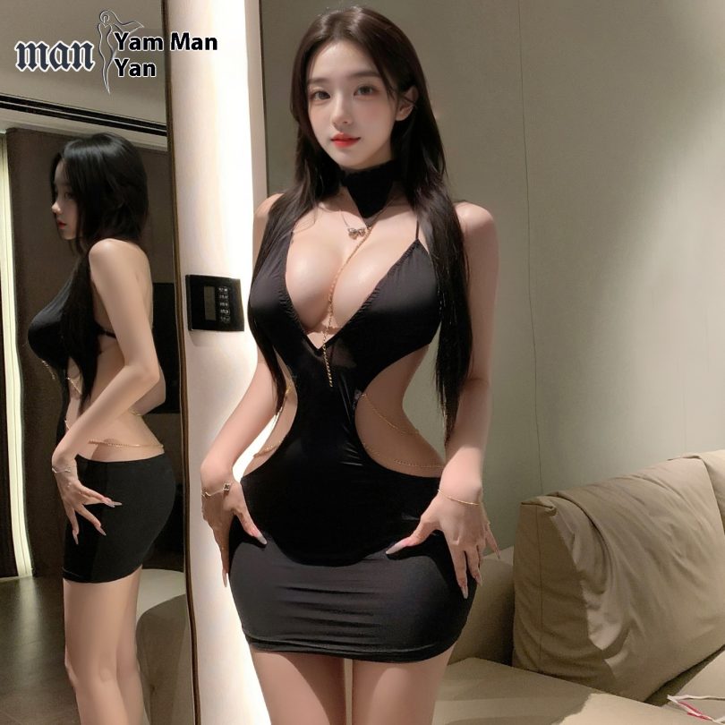 Manyan sexy lingerie female sexy hollow chain bag hip skirt hanging neck deep v beautiful back ol secretary uniform 100579 - Image 3