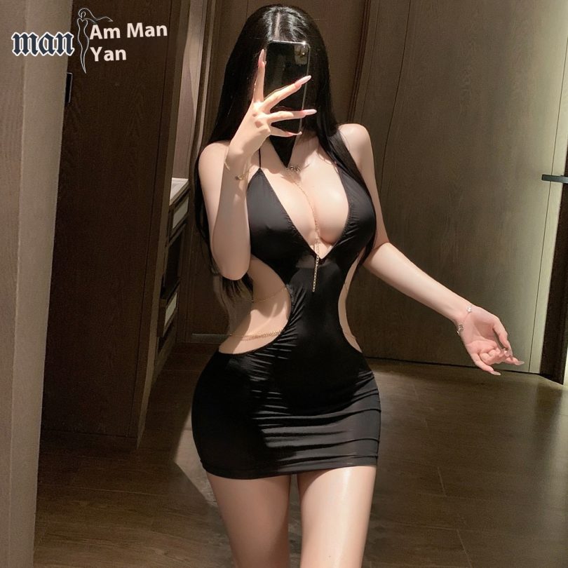 Manyan sexy lingerie female sexy hollow chain bag hip skirt hanging neck deep v beautiful back ol secretary uniform 100579