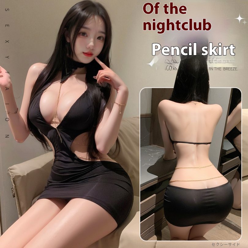 Manyan sexy lingerie female sexy hollow chain bag hip skirt hanging neck deep v beautiful back ol secretary uniform 100579 - Image 8