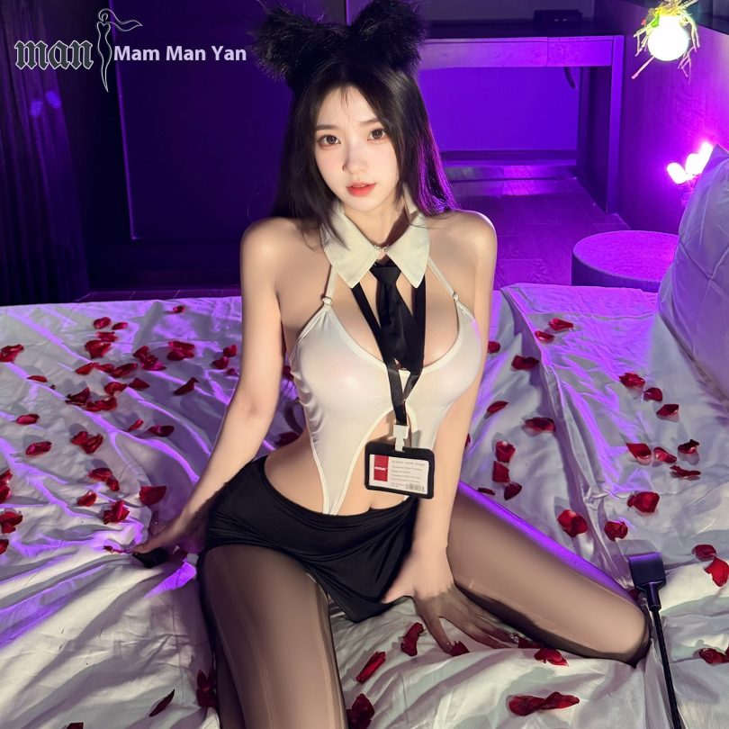 Manyan sexy lingerie women's sexy double line crotch jumpsuit, hip skirt, low neck, OL secretary uniform set 100644 - Image 3