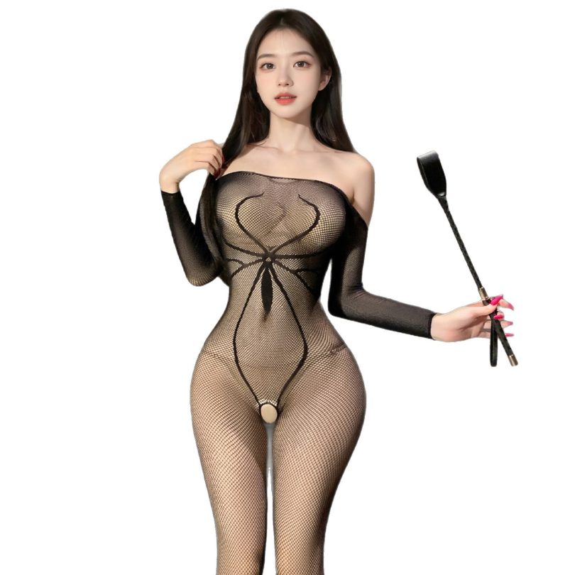 Men's Smoking Sexy Lingerie Women's Sexy One-letter Shoulder Perspective Mesh Spider Socks Open Profile Mesh Jacket 700001 - Image 5