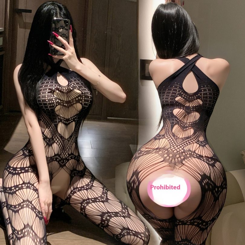 Men's Smoke Sexy Lingerie Women's Jacquard Sexy Lingerie Integrated Mesh Perspective Opening Split Neck Socks 700063 - Image 4