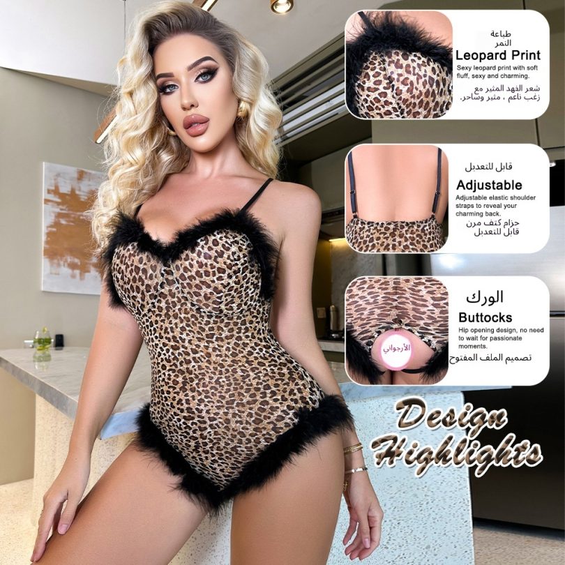 Europe & USA Cross Border Bra Five Neck Adjustable Shoulder Strap Heels Open Hair Profile Leopard Printing Clothing 8796