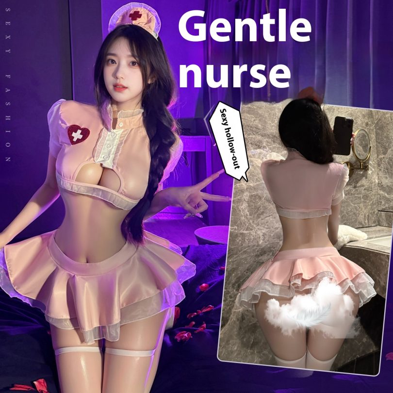 Manyan sexy lingerie female sexy hollow waist puffy short skirt hollow three-point cute nurse uniform 100672 - Image 2