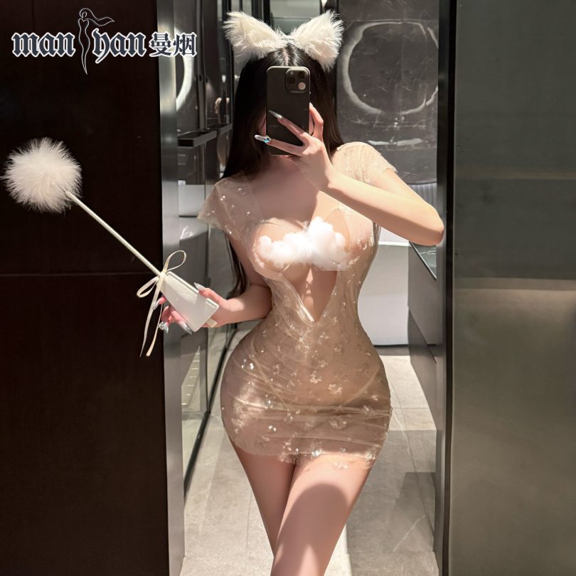 曼烟情趣内衣女性感透视火辣闪亮夜店镂空碎花连衣裙睡裙100498 - 图片 4