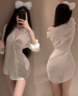 曼烟情趣内衣性感开襟透视长袖男友衬衫短裙睡衣制服套装代发1654