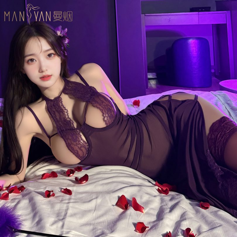 曼烟情趣内衣女性感钢托聚拢透视长裙紧身高开衩睡裙制服100627 - 图片 2