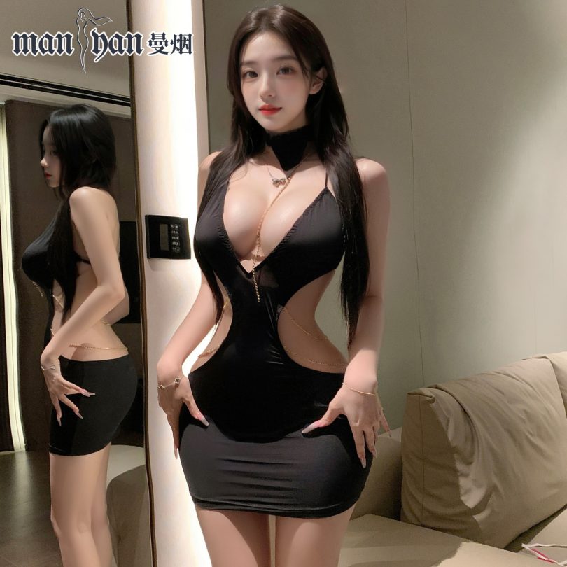 曼烟情趣内衣女性感镂空锁链包臀裙挂脖深v美背ol秘书制服100579 - 图片 2