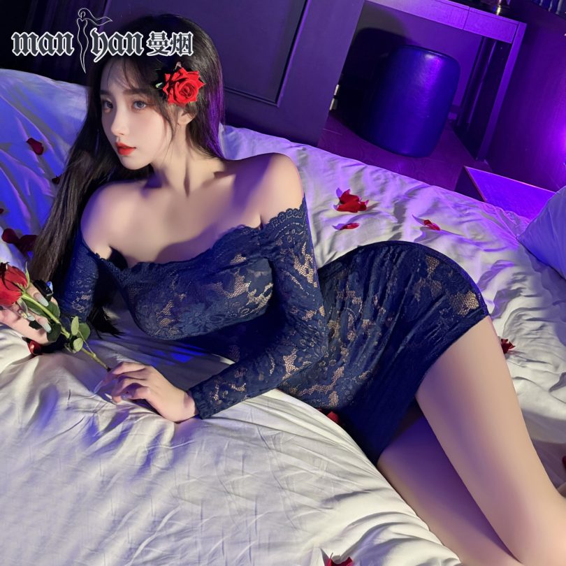 曼烟情趣内衣女蕾丝包臀裙制服性感一字肩透视火辣秘书套装100217 - 图片 2