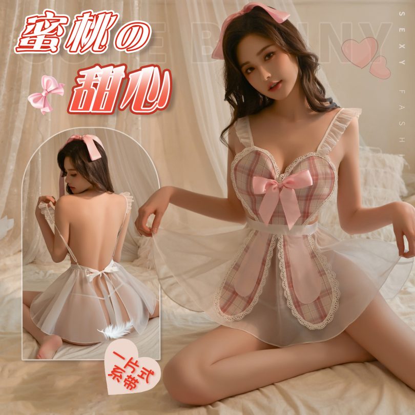 曼烟情趣内衣女纯欲透视格纹透视女仆蝴蝶结制服系带睡裙100454 - 图片 4