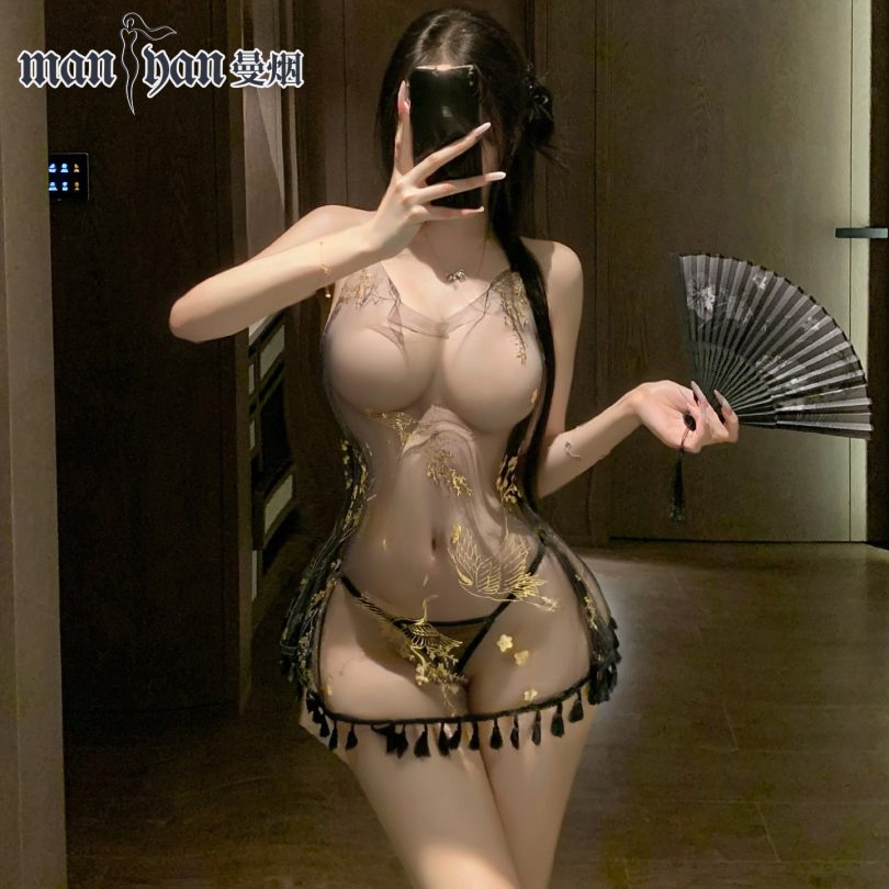 曼烟情趣内衣女性感挂脖吊带透视睡裙系带开衩美背柔纱裙100596 - 图片 4